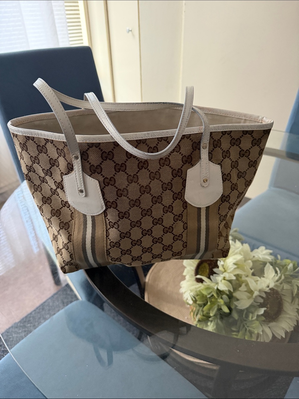 Gucci Brown Beige GG Canvas Tote with White Trim